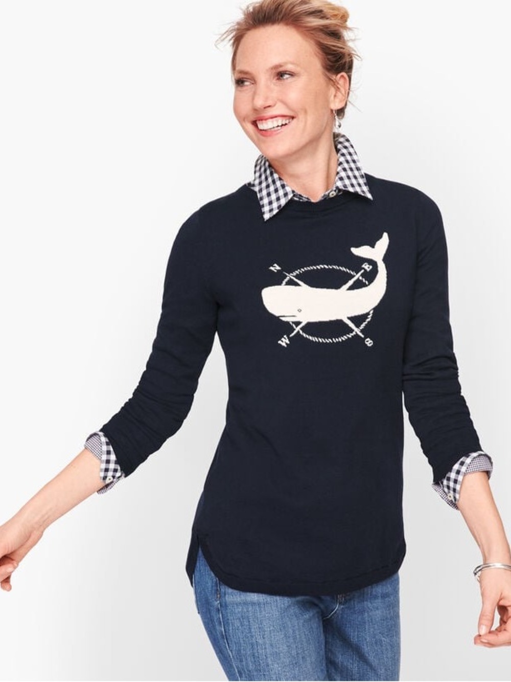 Talbots Petites Sweater Womens XL Navy Whale Compass Graphic Nautical Crew Neck